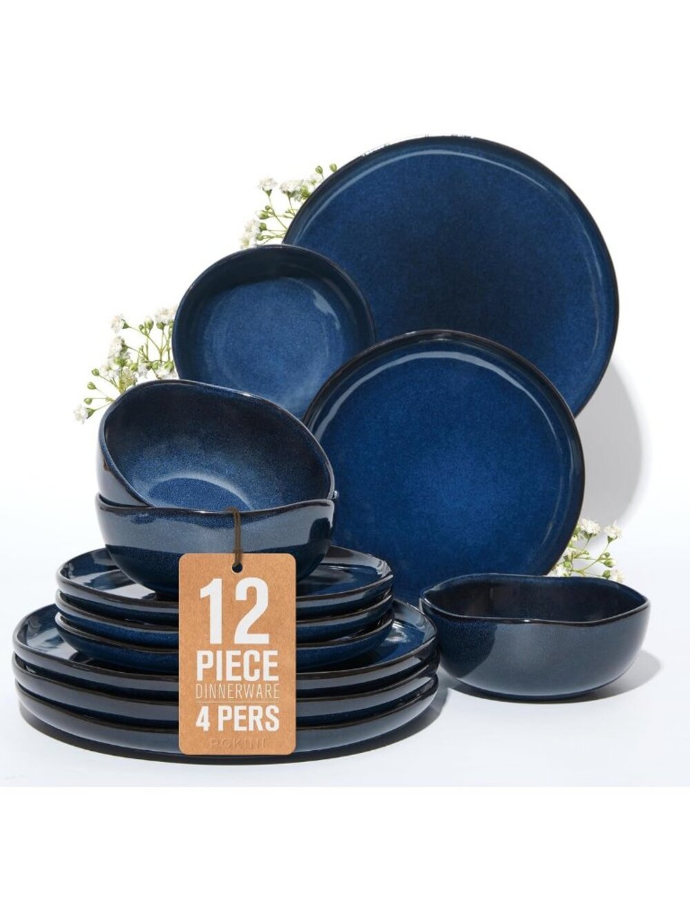 Stylish Stoneware Dinnerware Set for 4 - 12 Piece Ceramic Plates & Bowls